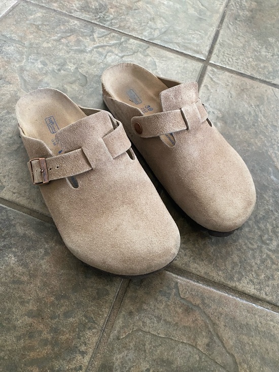 Birkenstock Shoes - Birkenstock Taupe Suede Slip-On Clog with Buckle